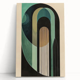 Abstract minimalist wall art on stretched canvas, featuring soft neutral tones and geometric shapes, leaning against a modern backdrop for stylish home decor.