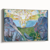 Expressionist Art: Radiant Sunburst with Abstract Mountain Landscape
