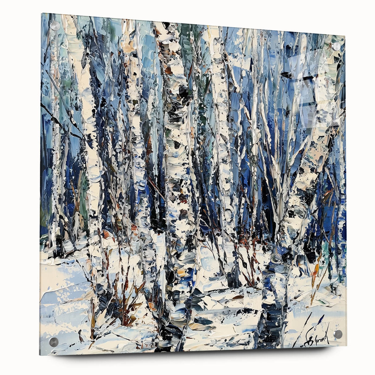 Abstract floral acrylic artwork displayed in a glass frame, showcasing vibrant colors and intricate detailing, with stylish pins holding the piece in place. Perfect for modern home decor and art enthusiasts.