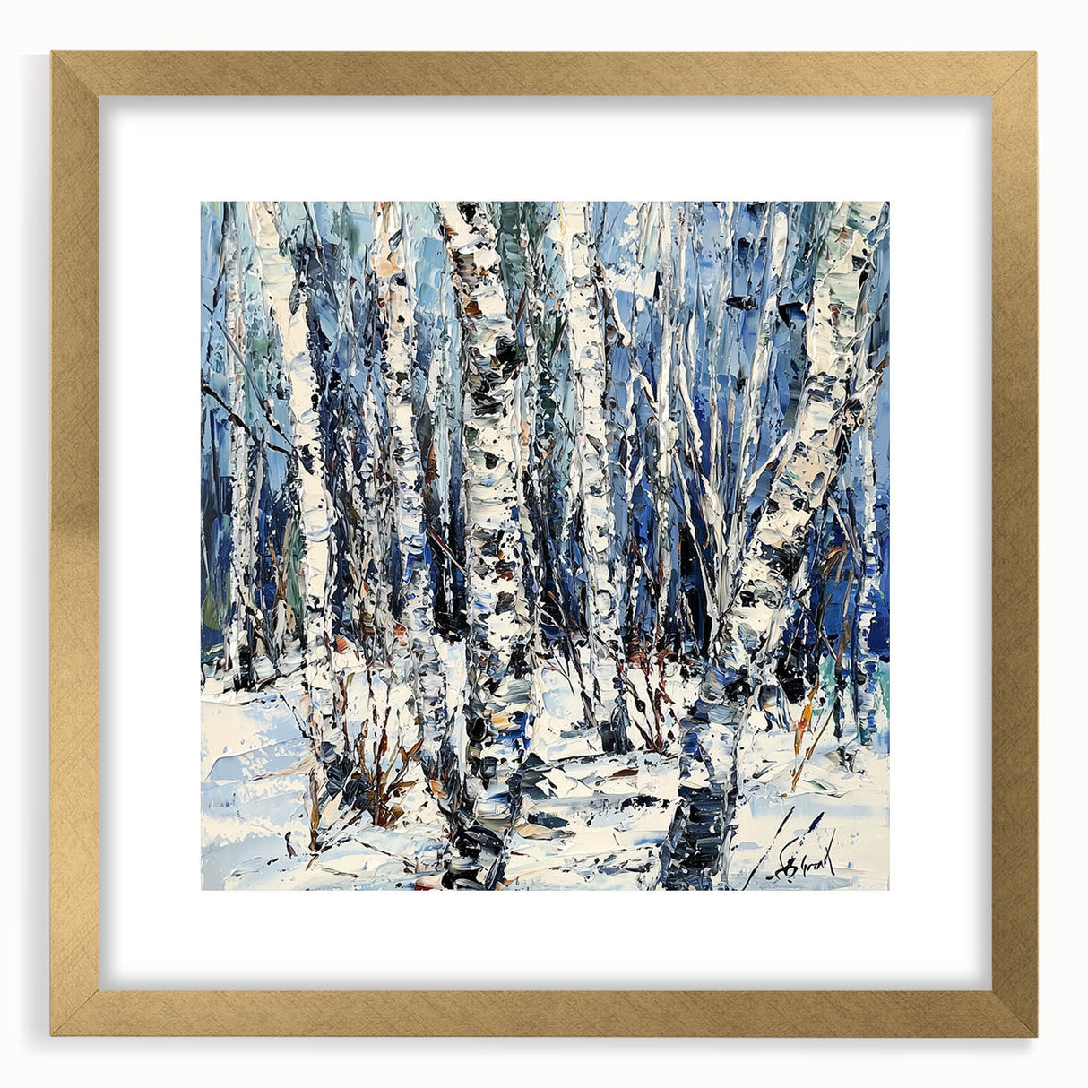 Elegant gold-framed abstract floral artwork with a mat, showcasing vibrant colors and intricate designs, perfect for enhancing modern home decor.