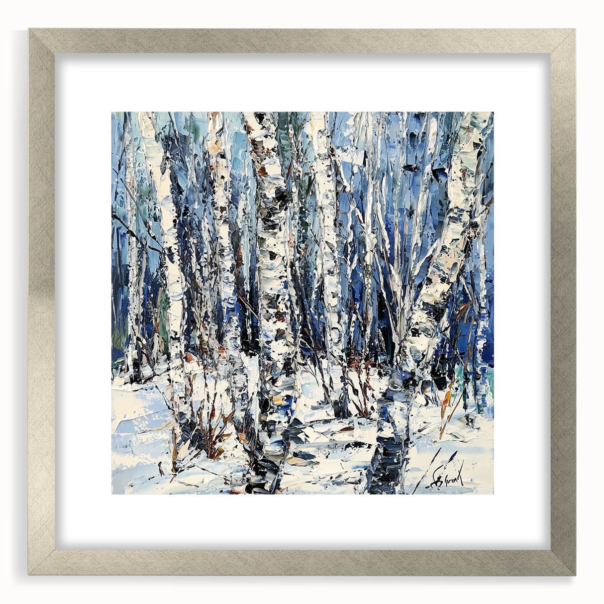 Abstract floral frame art in silver matting, showcasing vibrant colors and intricate patterns, perfect for modern home decor or gallery display.