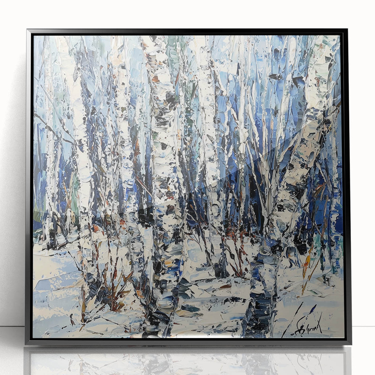 Framed acrylic artwork showcasing an abstract floral design with vibrant colors, set against a sleek black frame, perfect for modern home decor.