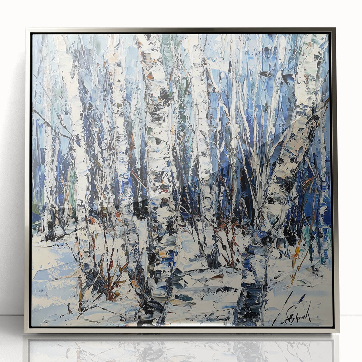 Framed acrylic artwork showcasing vibrant abstract florals in silver tones, perfect for modern home decor, adding a touch of elegance to any space.