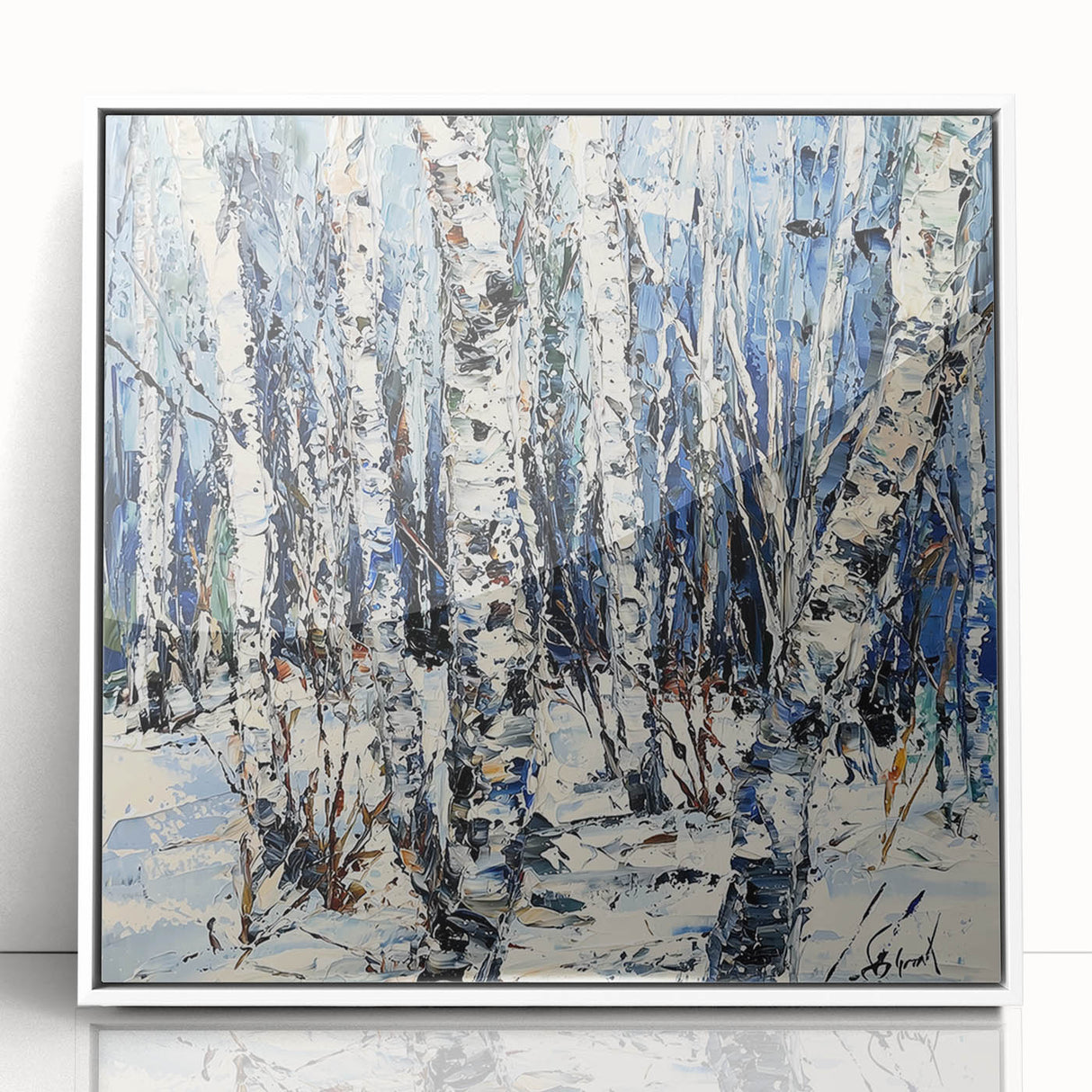 Framed acrylic art piece showcasing a vibrant abstract floral design with soft pastel colors, set against a sleek white background, perfect for modern home decor.