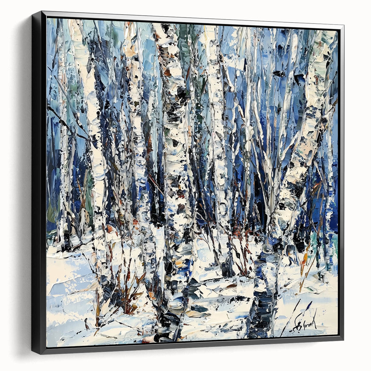 Framed canvas showcasing an abstract floral design with vibrant colors, featuring a sleek black frame, ideal for modern home décor and art enthusiasts.
