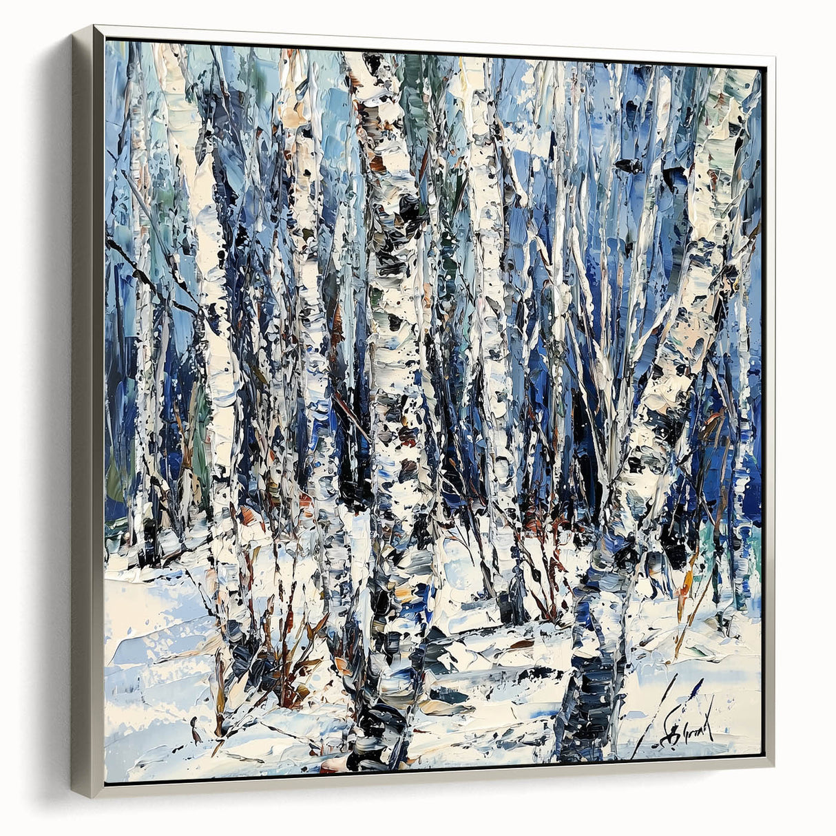 Framed canvas wall art showcasing an abstract floral design in vibrant colors, featuring a sleek silver frame and an elegant side view, perfect for modern decor.
