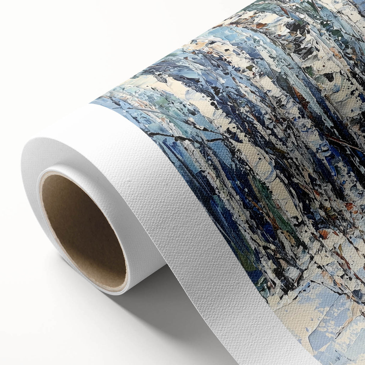 Abstract floral design on rolled canvas showcasing vibrant colors and intricate patterns, elegantly packaged in a protective cardboard tube for wall decor.