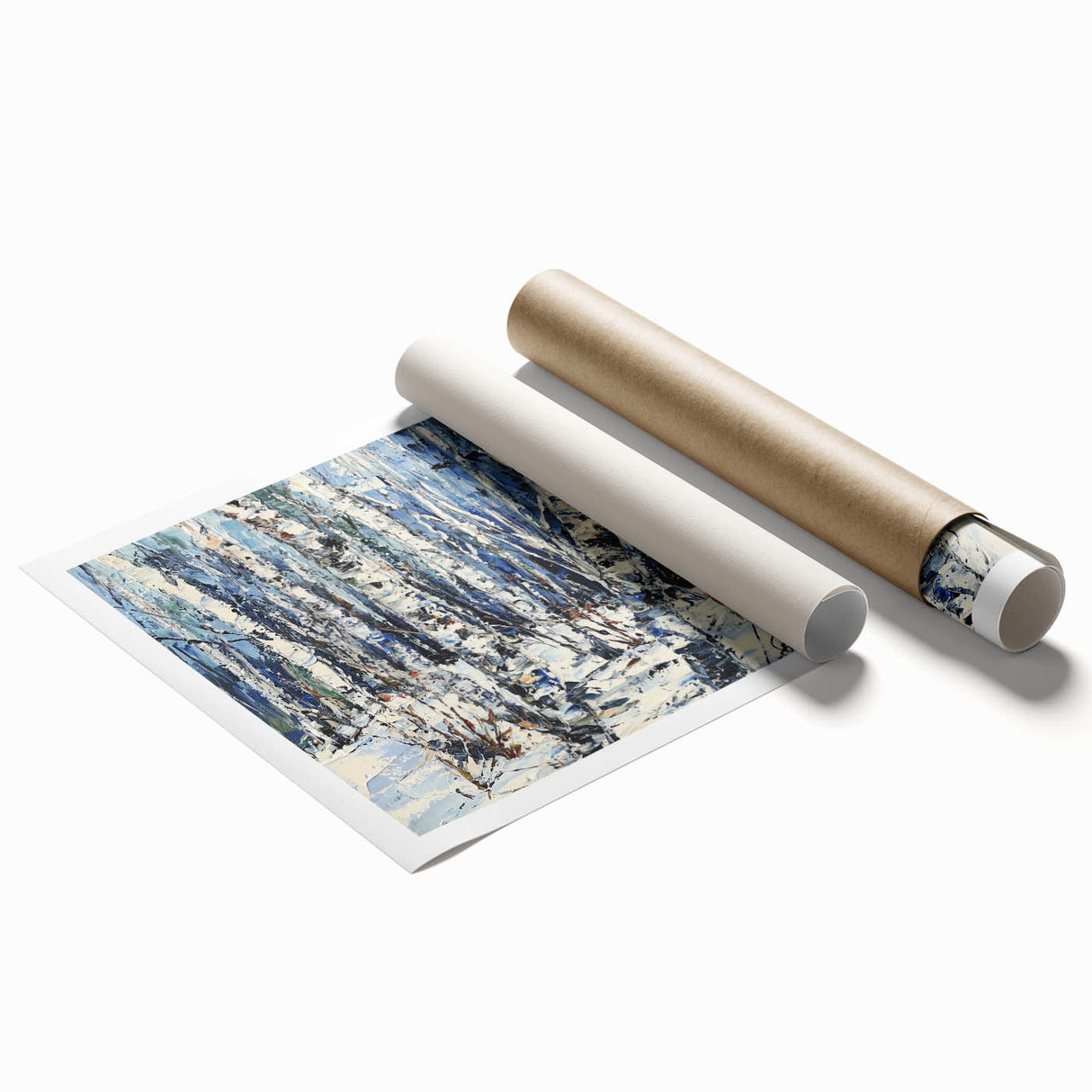 Rolled print of abstract floral design showcasing vibrant colors and intricate patterns, elegantly packaged in a protective cardboard tube for secure shipping.