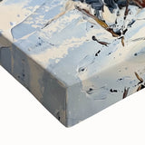 Close-up of an abstract floral canvas print showcasing vibrant colors of pink, blue, and green, highlighting intricate brush strokes and textures for a modern decor accent.