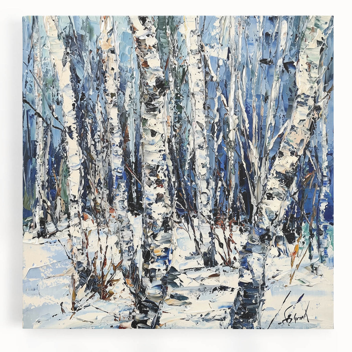 Stretched canvas artwork displaying vibrant abstract floral designs in rich hues of blue, pink, and green, perfect for modern home decor or art enthusiasts.