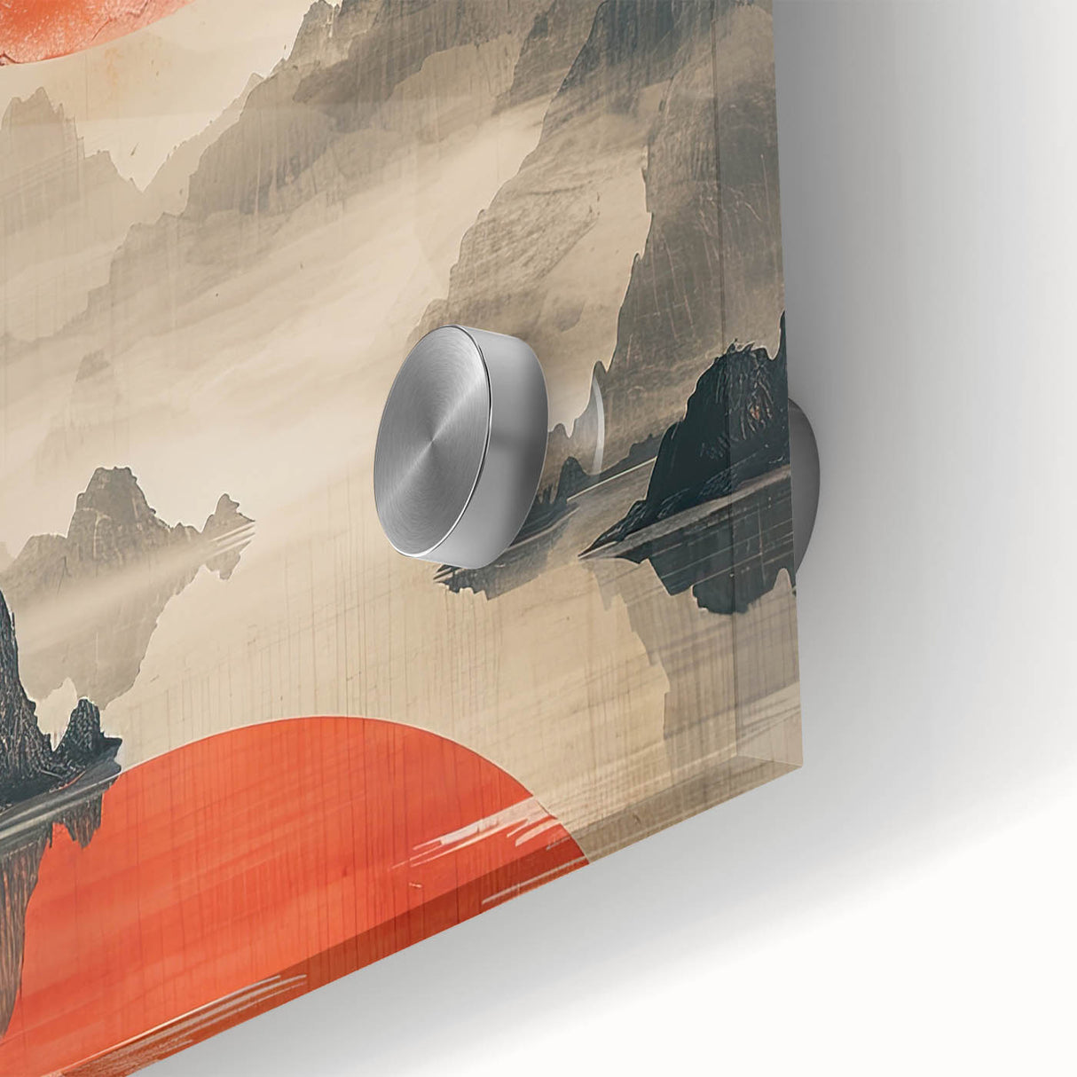 Close-up of an abstract minimalist wall art piece featuring vibrant colors and geometric shapes, set in an acrylic glass frame, enhancing modern decor aesthetics.