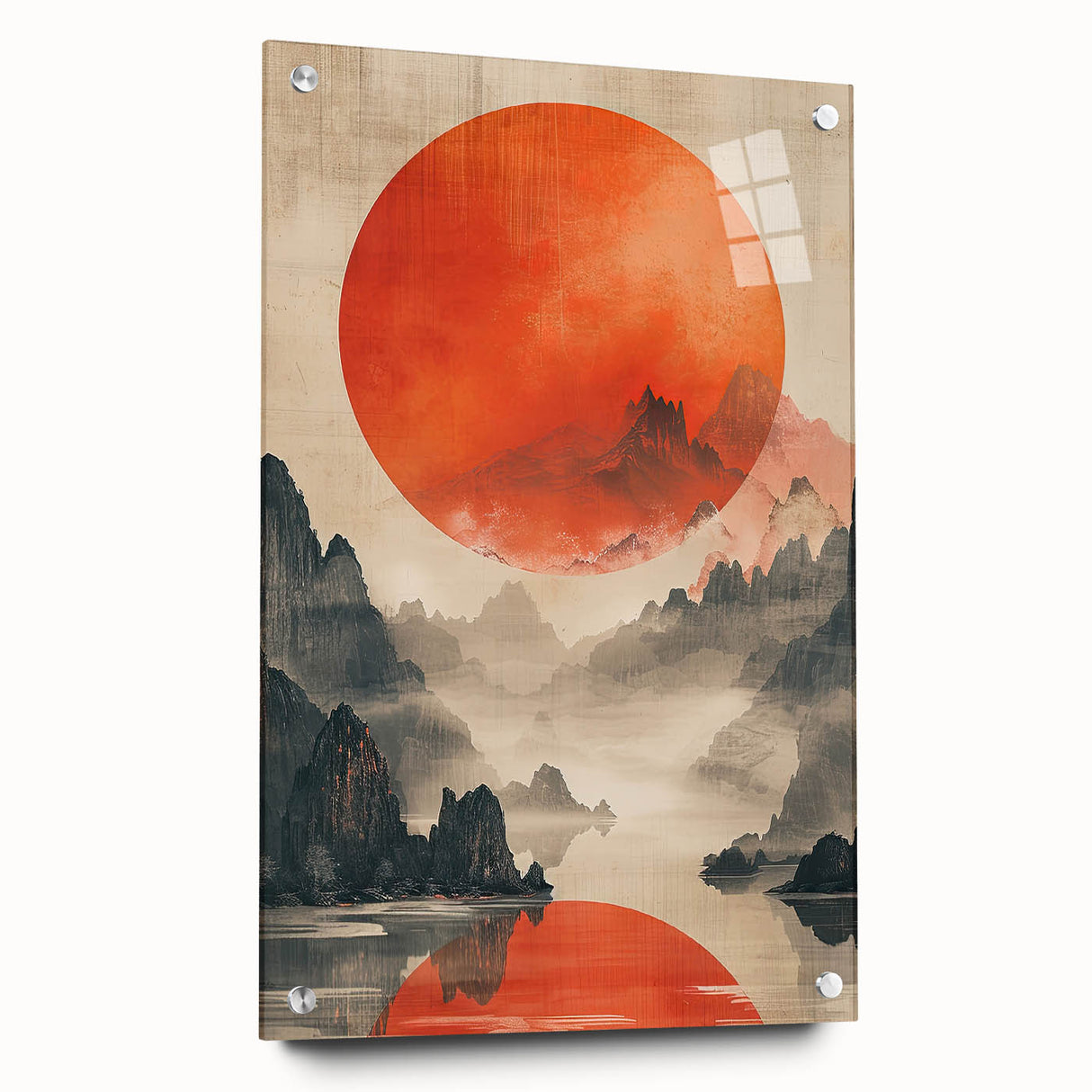 Abstract minimalist wall art piece displayed in a side view, showcasing vibrant colors on acrylic glass. The artwork is elegantly pinned, emphasizing its modern design and artistic flair, making it a perfect decor choice for contemporary spaces.