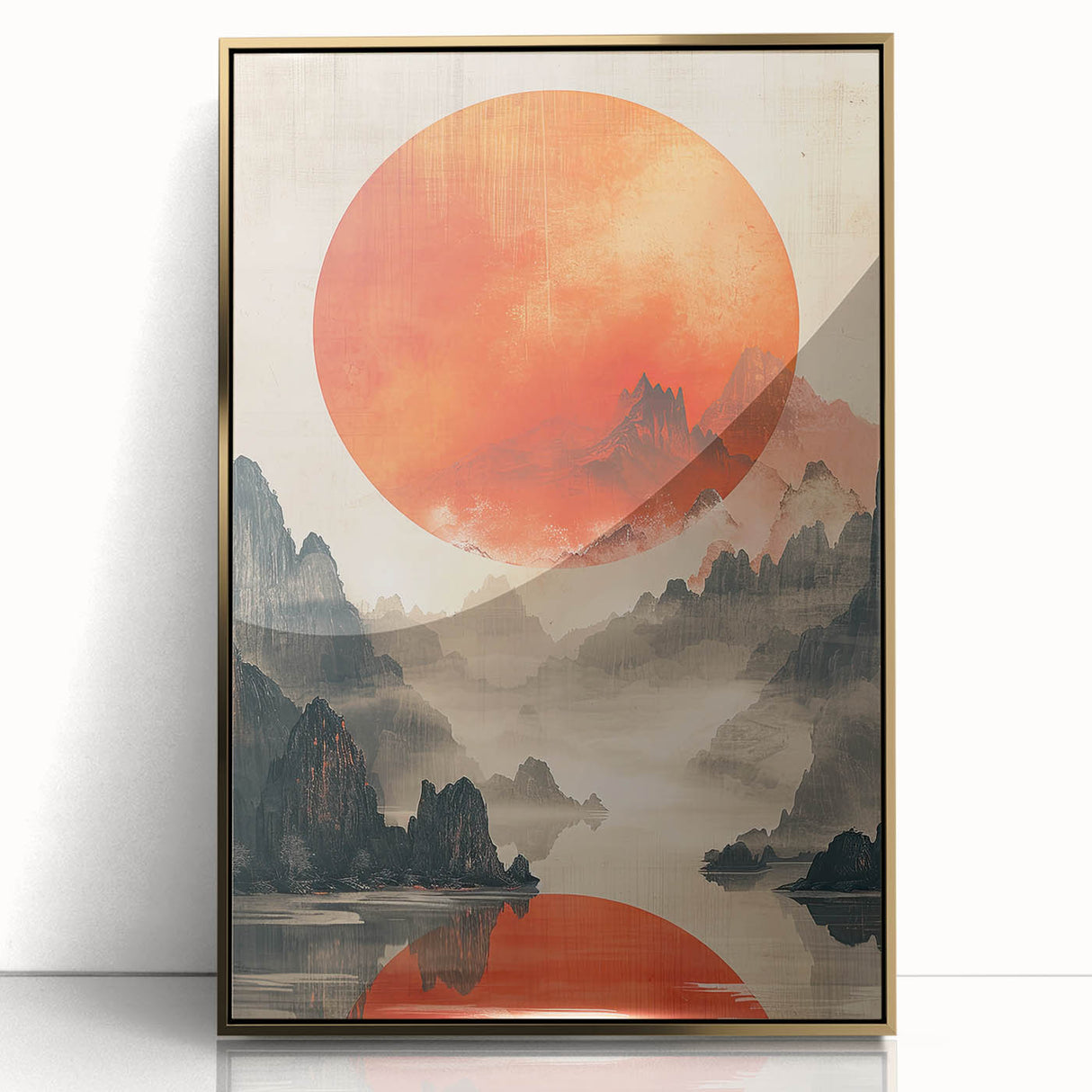 Framed acrylic wall art showcasing an abstract minimalist design with gold accents, perfect for modern home decor. Ideal for adding a touch of elegance to any space.