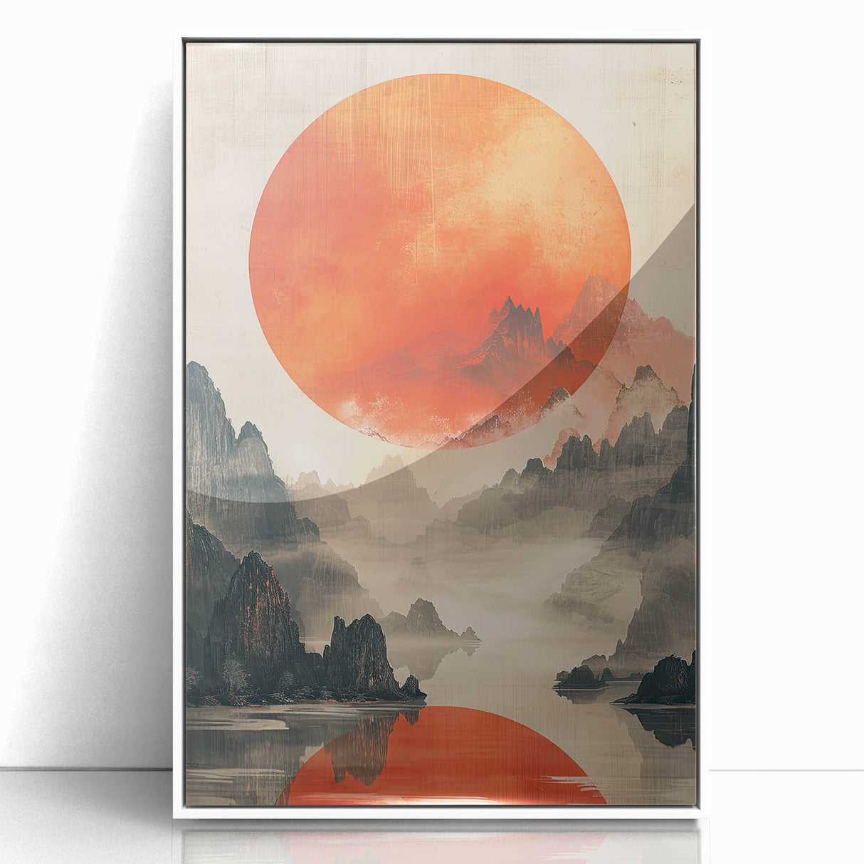 Framed abstract minimalist wall art featuring soft white and beige colors, perfect for modern decor. Displayed in an elegant acrylic frame, ideal for enhancing living spaces.