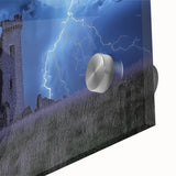 Close-up view of a vibrant acrylic glass landscape featuring a majestic castle surrounded by lush greenery, showcasing intricate details and vivid colors. Perfect for enhancing modern decor.