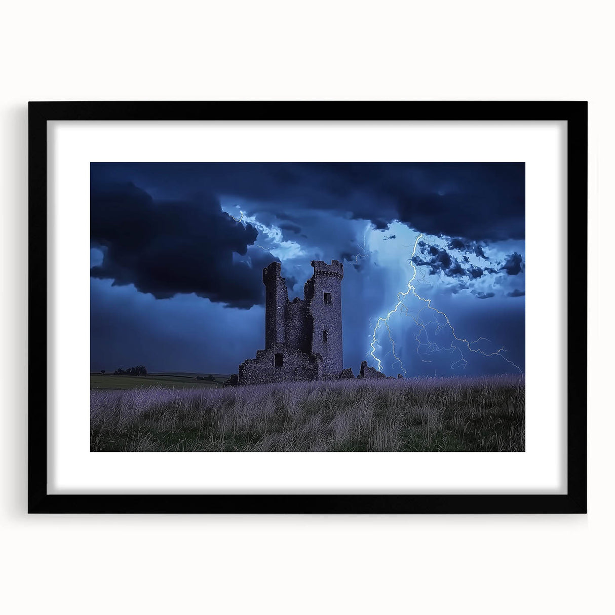 Framed landscape artwork depicting a majestic castle surrounded by lush greenery, featuring a sleek black mat and frame, ideal for elegant home decor.