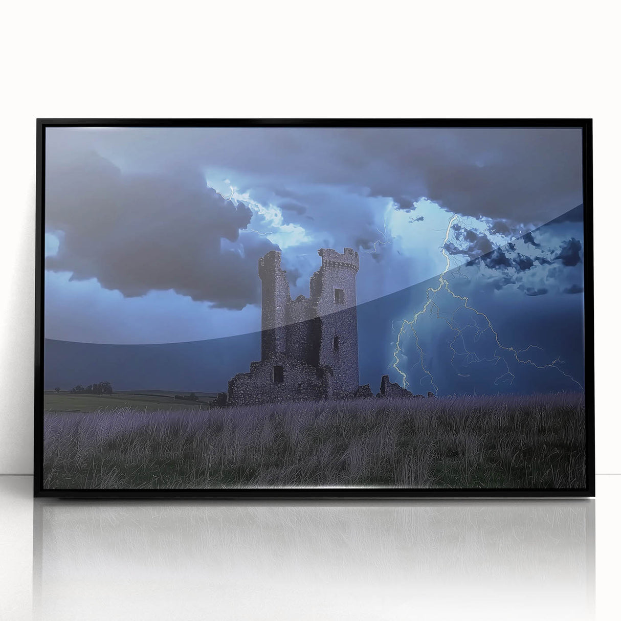 Framed acrylic artwork featuring a detailed landscape of a majestic castle, set against a serene sky, with a sleek black frame enhancing its elegance. This captivating piece adds a touch of sophistication to any home decor.