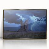 Framed acrylic artwork depicting a vibrant landscape with a majestic castle surrounded by lush greenery and a clear blue sky, showcasing intricate details and rich colors.