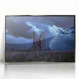 Framed acrylic artwork depicting a serene landscape with a majestic silver castle surrounded by lush greenery, perfect for home decor and art enthusiasts.