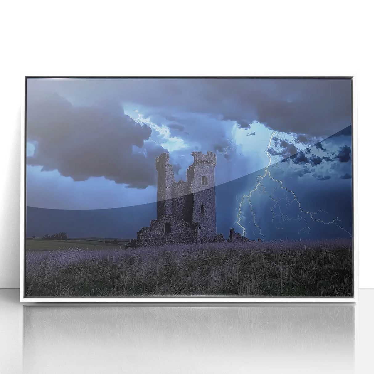 Framed acrylic artwork depicting a serene landscape with a majestic castle, set against a soft blue sky and lush green trees, ideal for home decor.