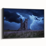 Framed canvas artwork depicting a majestic castle landscape, presented in a sleek black frame. Ideal for enhancing home decor with a touch of elegance and timeless charm.
