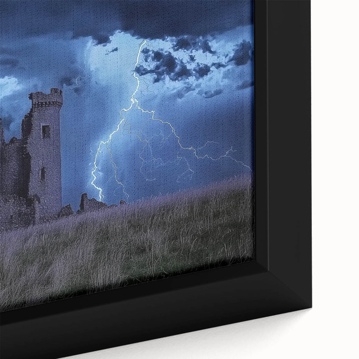Framed canvas artwork showcasing a detailed landscape of a majestic castle, featuring vibrant colors and intricate brushstrokes, perfect for home decor.