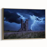 Framed canvas artwork depicting a picturesque landscape with a majestic castle, featuring a gold frame and side view showcasing intricate details and vibrant colors. Perfect for home decor enthusiasts seeking a touch of elegance and charm.