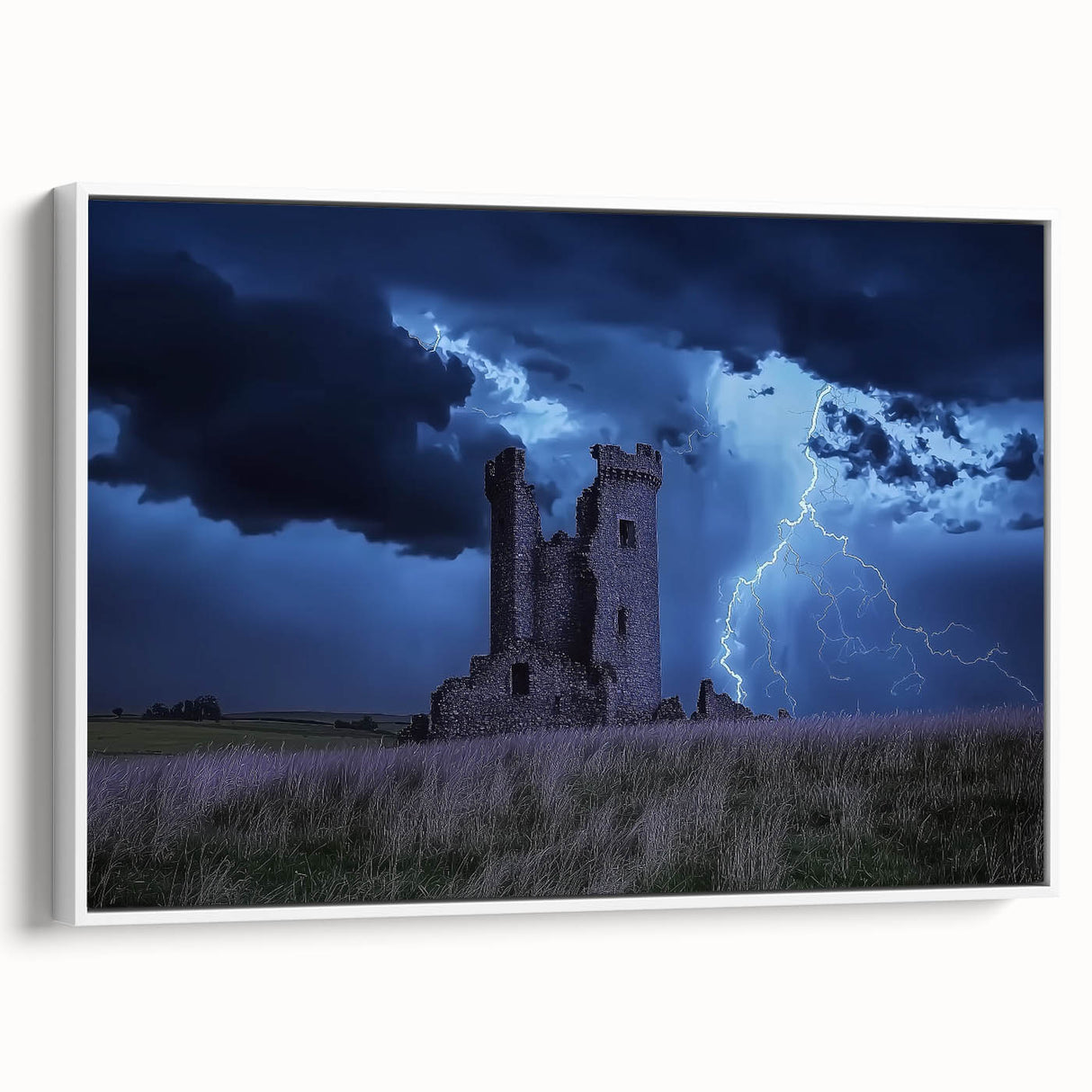 Framed canvas artwork depicting a scenic landscape with a medieval castle, featuring vibrant colors and intricate details, set against a white background, ideal for home decor.