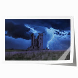 Stunning rolled print showcasing a picturesque landscape with a majestic castle set against vibrant blue skies and green hills, perfect for home decor.