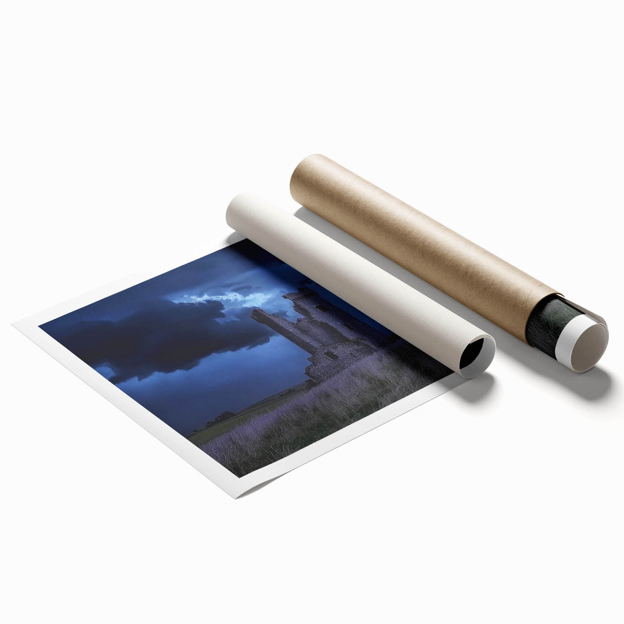 Landscape canvas print showcasing a majestic castle surrounded by lush greenery and vibrant skies, rolled and ready for display in a durable protective tube. Ideal for home decor.