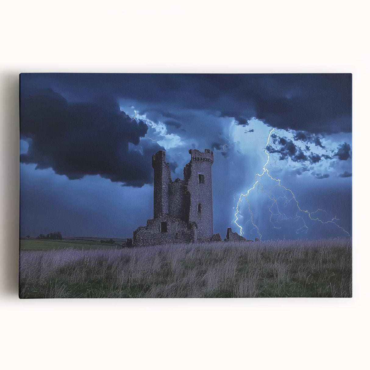 Stretched canvas artwork depicting a picturesque landscape with a majestic castle, vibrant colors enhancing the scenic beauty, perfect for home decor.