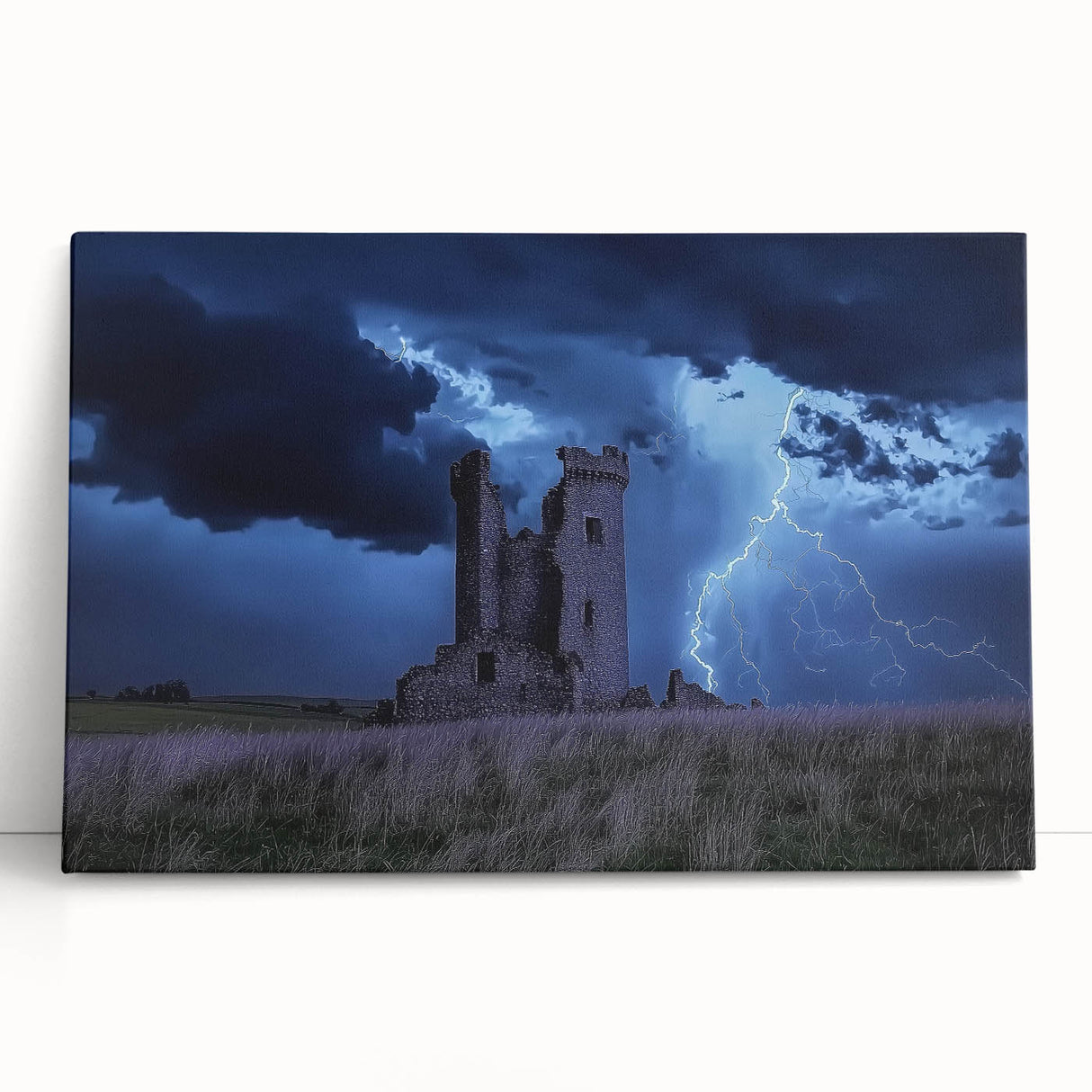 Stretched canvas artwork showcasing a scenic landscape with a majestic castle surrounded by lush greenery, designed to enhance home decor with its vibrant colors and intricate details. Perfect for art enthusiasts seeking to add a touch of elegance to their living space.