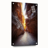 Acrylic glass artwork showcasing a vibrant landscape with intricate cave designs, displayed in a side view with decorative pins, perfect for modern interior decor.