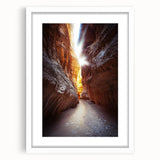 Framed landscape artwork depicting a serene cave scene, featuring a white mat and sleek frame, perfect for home decor. Ideal for nature enthusiasts and art collectors.