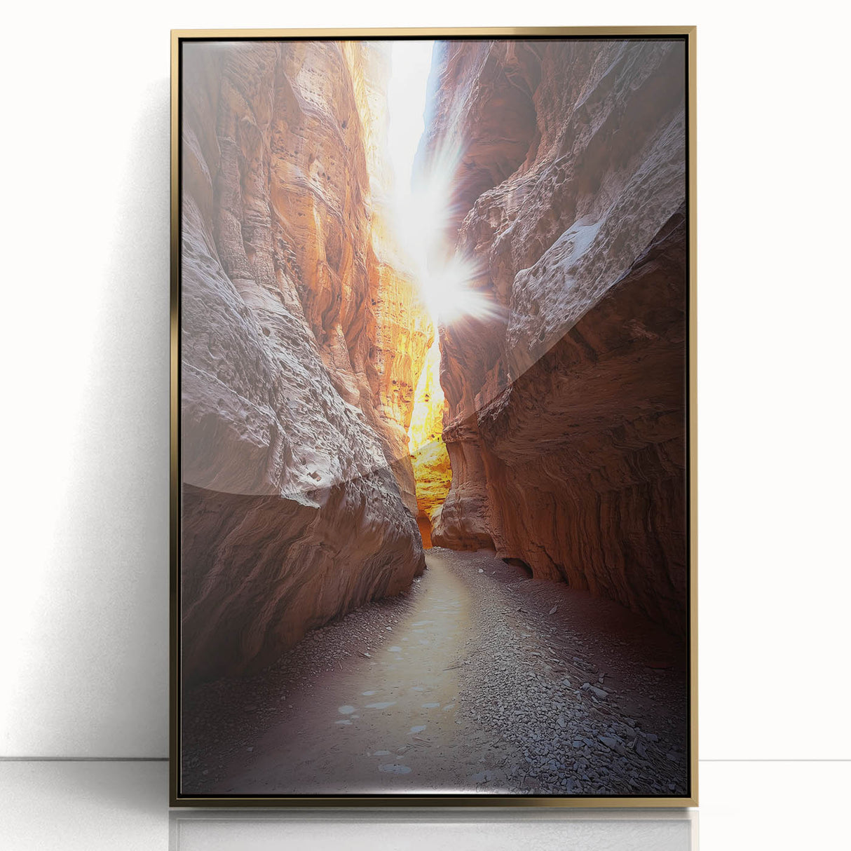 Framed acrylic art piece showcasing a stunning landscape with caves, featuring a gold front view that enhances its vibrant colors and details, perfect for home decor.