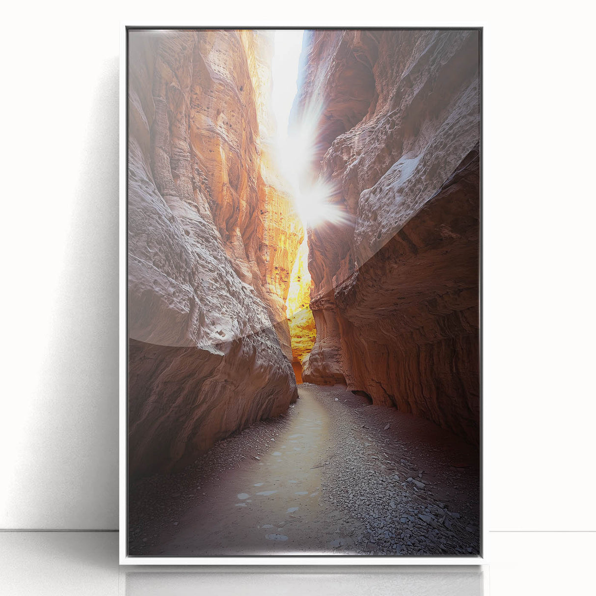 Framed acrylic artwork depicting a vibrant landscape with caves, featuring a white frame and sleek front view, ideal for modern home decor.