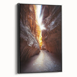 Framed black canvas artwork depicting a stunning landscape with intricate cave formations, enhancing interior decor with a modern aesthetic and natural colors.