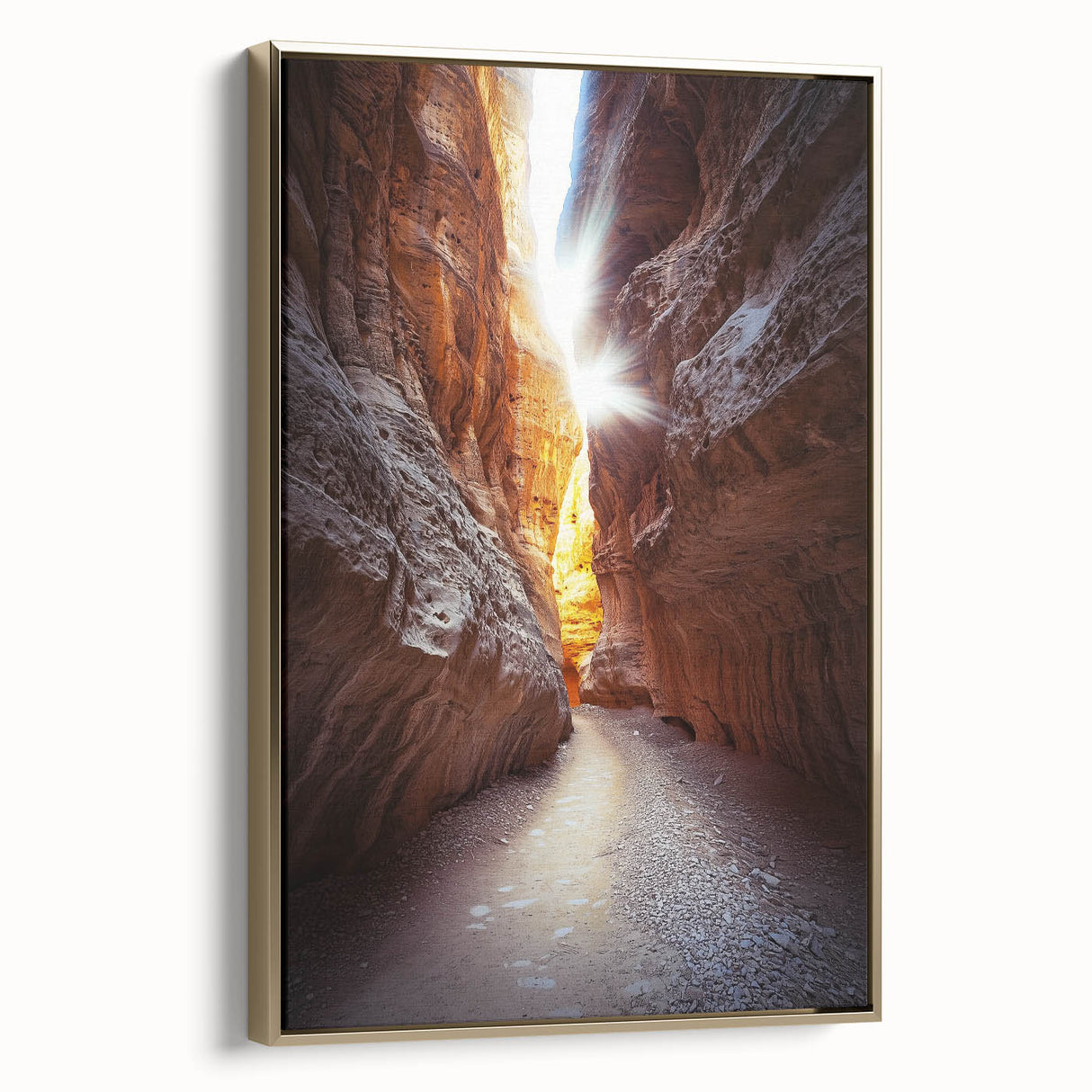 Framed canvas artwork depicting a stunning landscape with intricate cave formations, featuring a gold frame that enhances its elegance and detail, perfect for home decor.