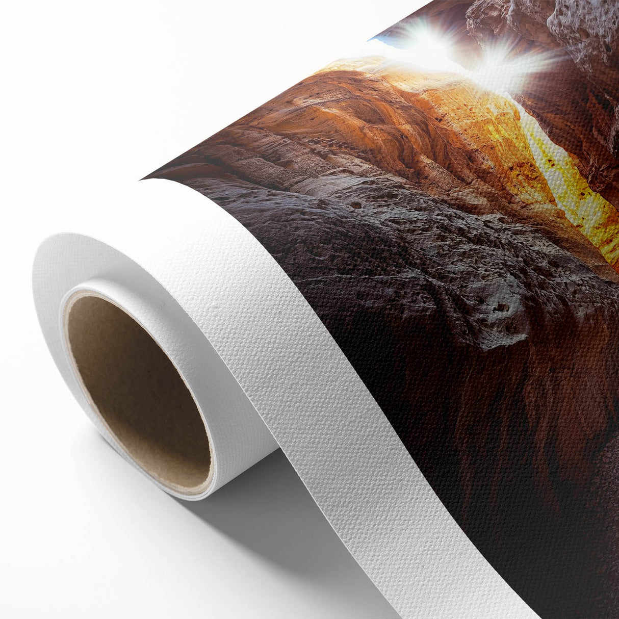 Rolled canvas print showcasing a vibrant landscape design with caves, featuring rich earthy tones and intricate details, ideal for home or office decor, securely packaged in a protective tube.