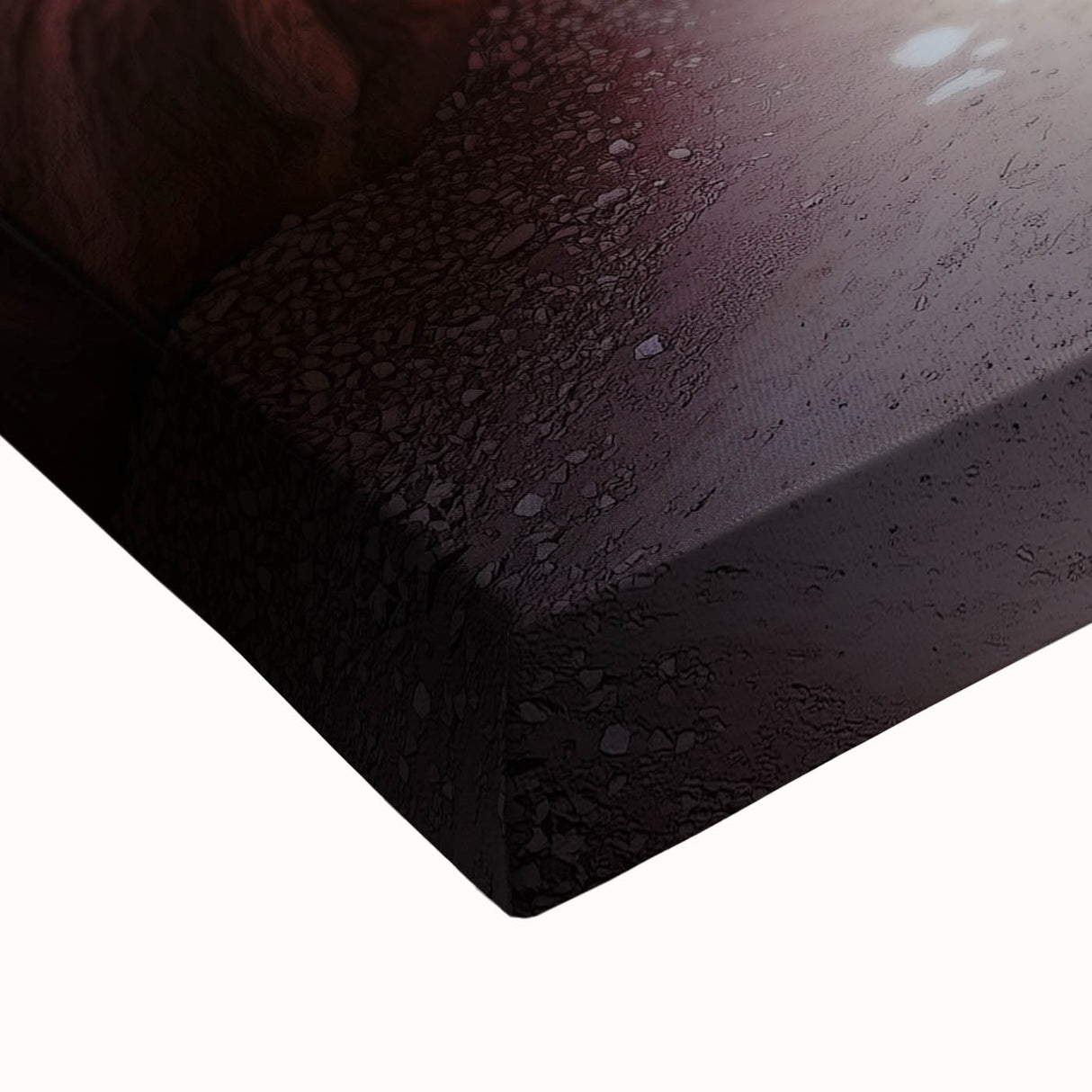 Close-up of a stretched canvas print depicting a vibrant landscape with intricate cave formations, showcasing rich colors and textures ideal for home decor.