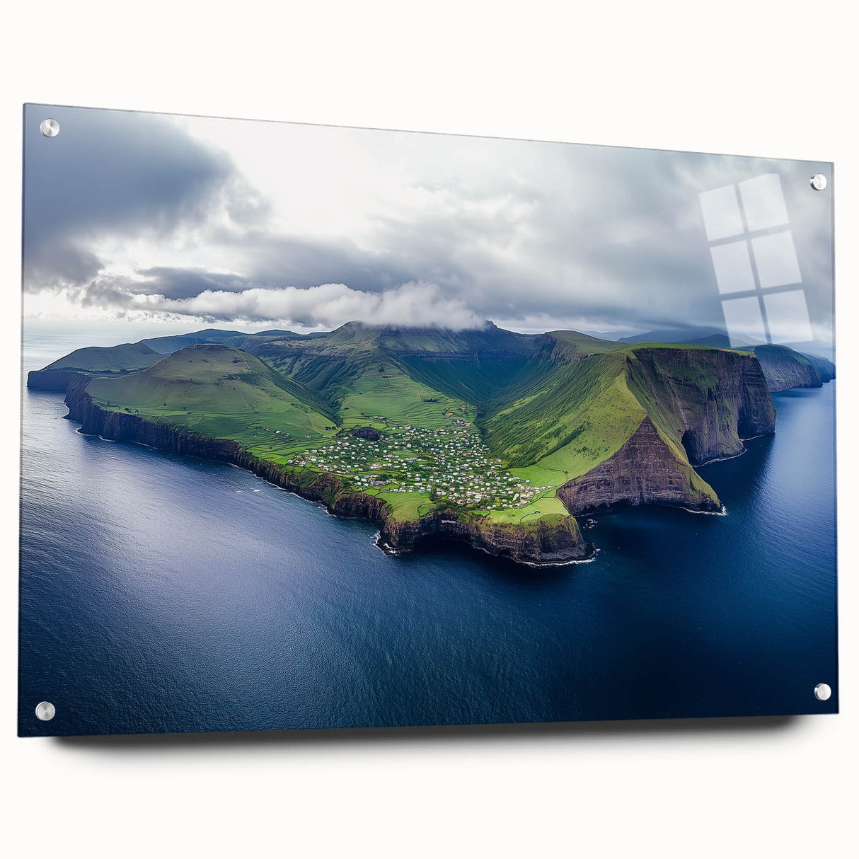 Side view of a stunning acrylic landscape artwork showcasing majestic cliffs, secured with pins for display, ideal for modern home decor. The vibrant colors and intricate details emphasize the natural beauty of the scene, making it a captivating focal point in any room.