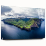 Side view of a stunning acrylic landscape artwork showcasing majestic cliffs, secured with pins for display, ideal for modern home decor. The vibrant colors and intricate details emphasize the natural beauty of the scene, making it a captivating focal point in any room.