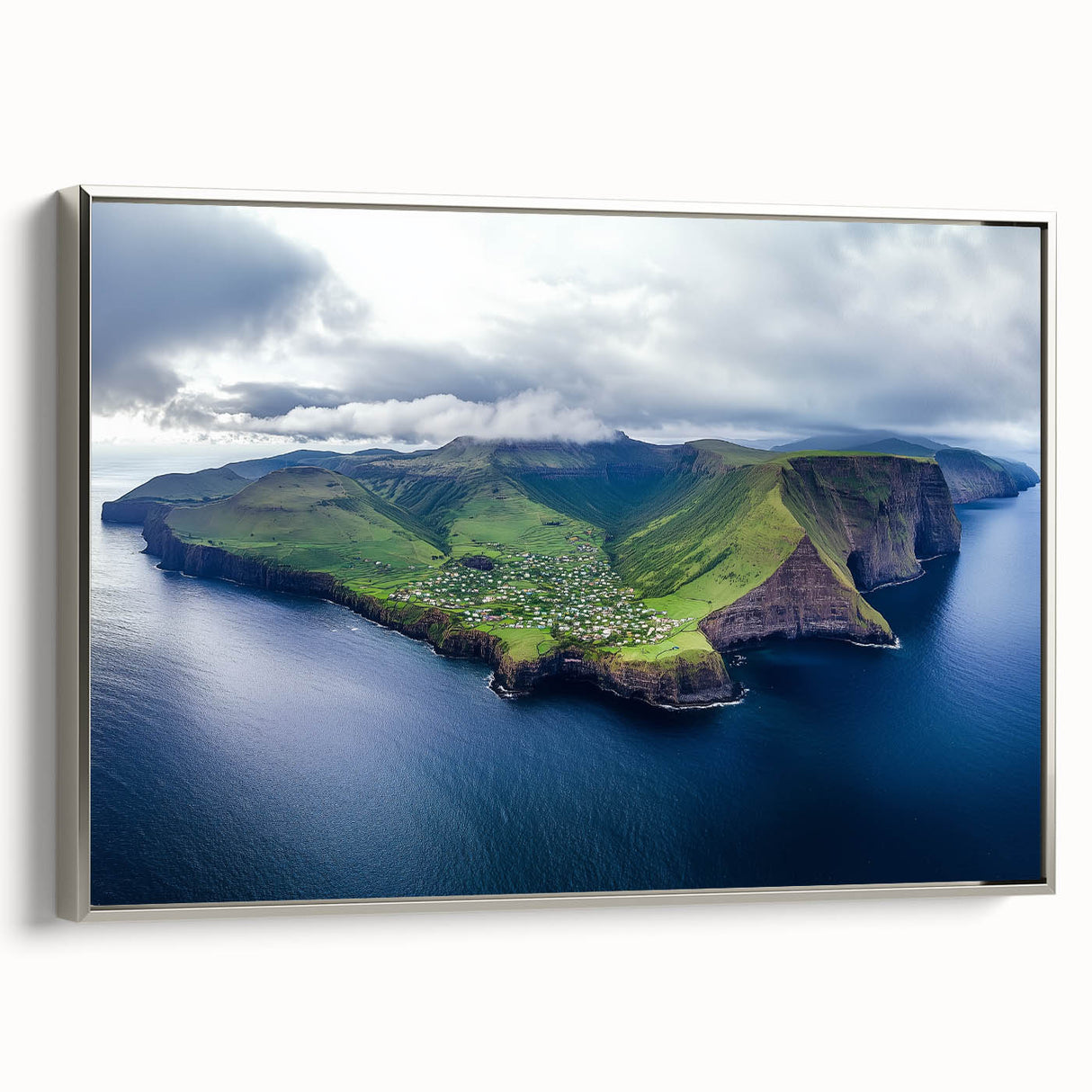 Framed canvas artwork depicting a stunning cliff landscape with vibrant colors and intricate details, showcasing a silver frame that enhances the visual appeal. Ideal for home decor and nature enthusiasts.