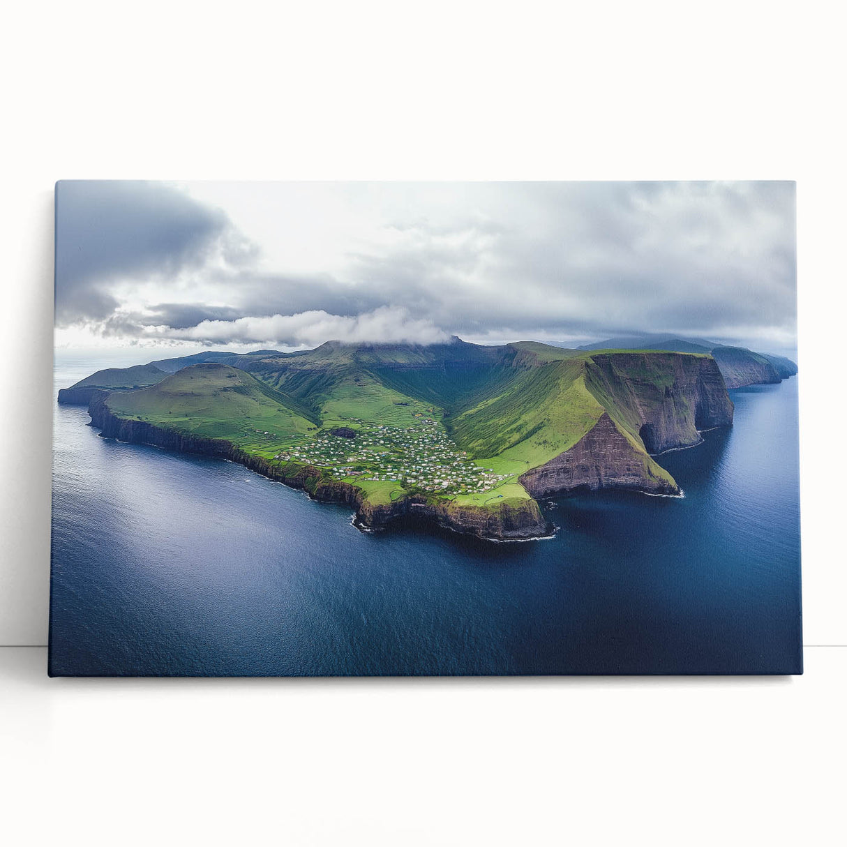 Stretched canvas depicting a vibrant landscape with dramatic cliffs and lush greenery, ideal for home decor or office art, enhancing any space with natural beauty.