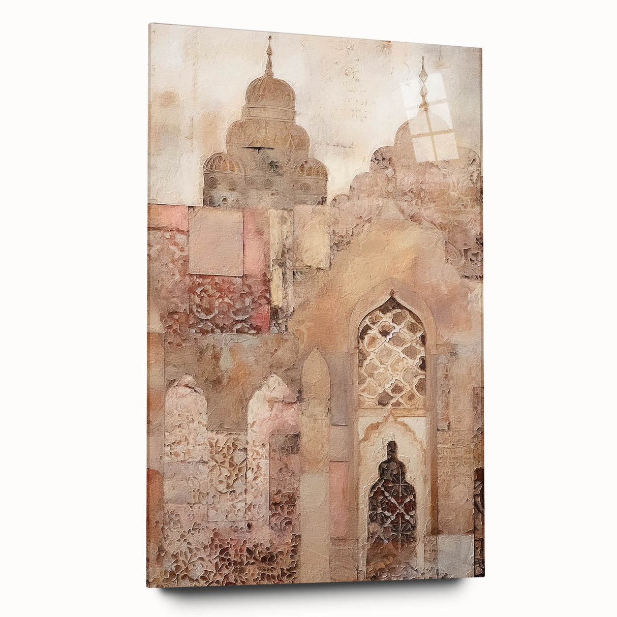 Abstract architectural wall art design displayed from a side view, featuring vibrant colors and sleek acrylic glass finish, perfect for modern decor.