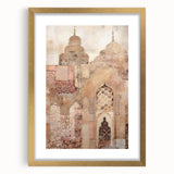 Abstract architecture wall art framed in gold, showcasing geometric shapes and vibrant colors, perfect for modern decor in living spaces or offices.