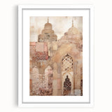 Abstract architectural wall art framed with a white mat, showcasing geometric shapes and lines in neutral tones, ideal for modern home decor.