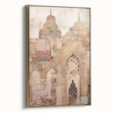 Framed abstract architecture wall art featuring a gold color palette and intricate geometric designs, perfect for modern home decor, displayed from a side view.