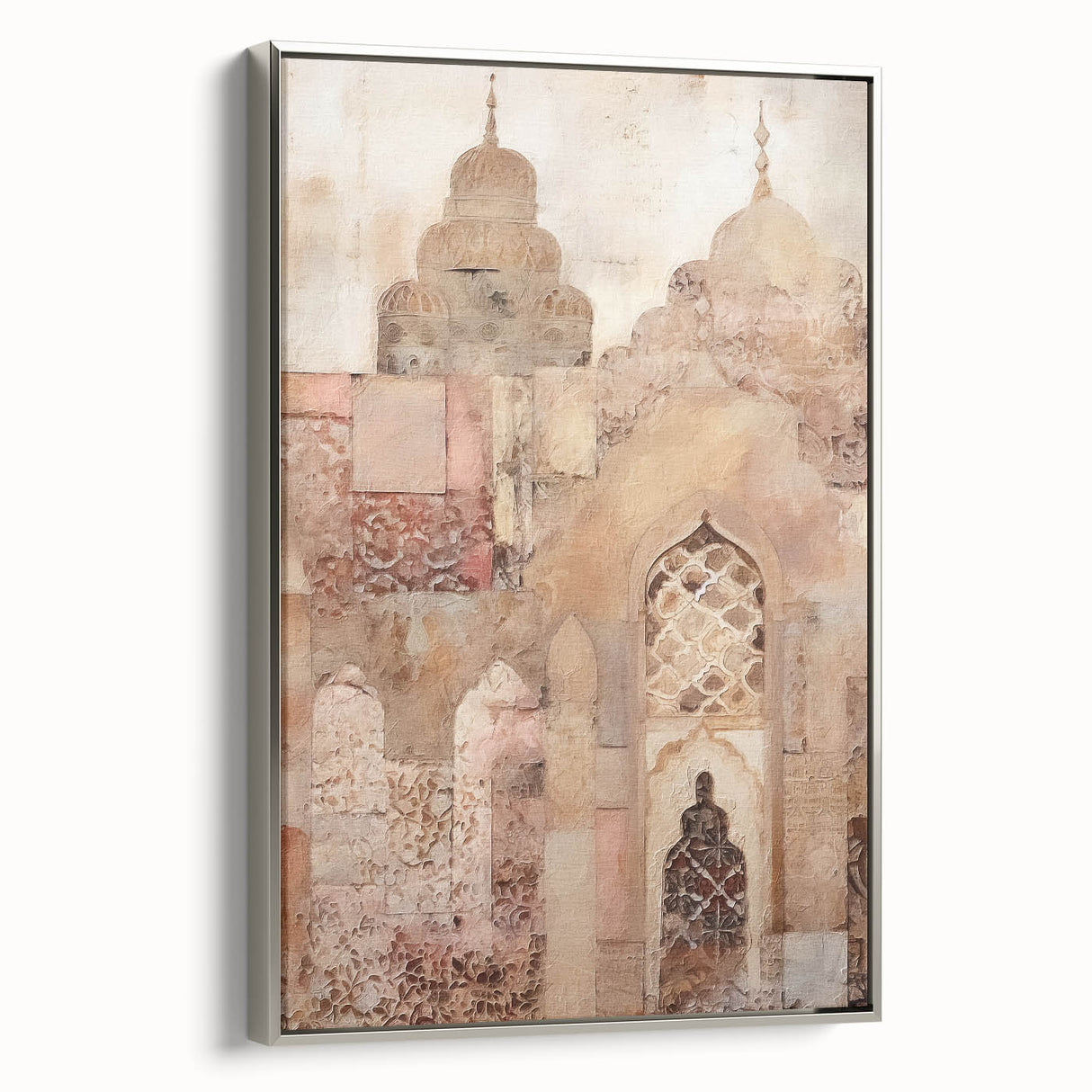 Framed abstract architecture wall art in silver, showcasing geometric shapes and modern design, perfect for contemporary decor. Side view highlights its elegant finish.