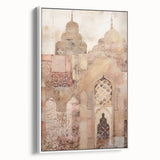 Framed abstract architecture wall art in a sleek white frame, showcasing geometric patterns and soft color gradients, ideal for modern home decor.